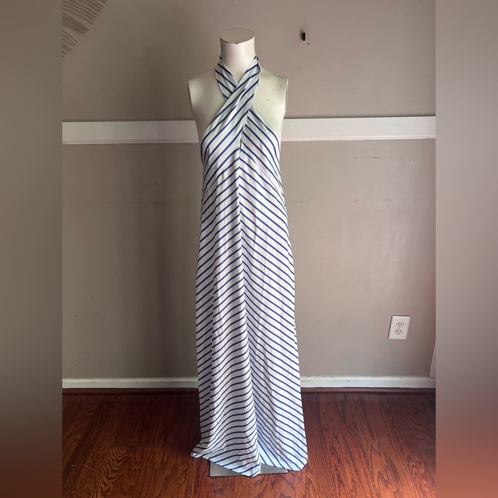 MISSLOOK White Maxi Dress with Navy Diagonal Stripes